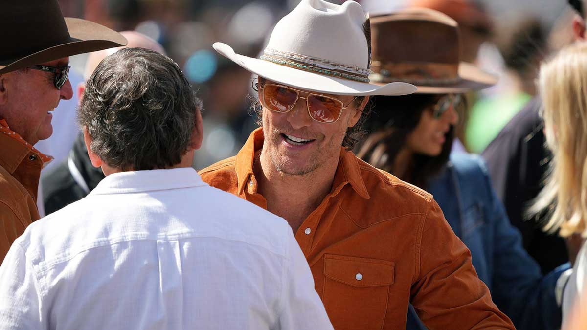 Texas fan Matthew McConaughey on the sidelines before the Ohio State and Texas game at Ohio Stadium