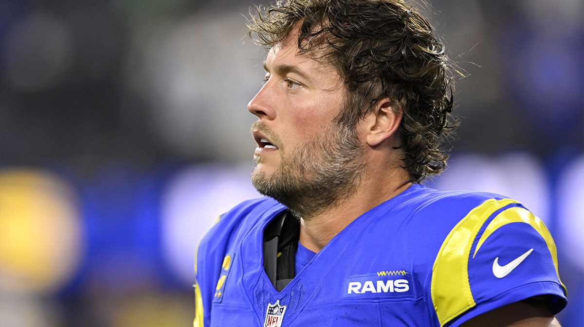 Los Angeles Rams quarterback Matthew Stafford (9) walks off the field during warmups before a game against the Philadelphia Eagles at SoFi Stadium.