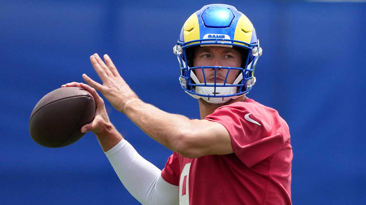 Los Angeles Rams quarterback Matthew Stafford (9) throws the ball during organized team activities at Rams Practice Facility.