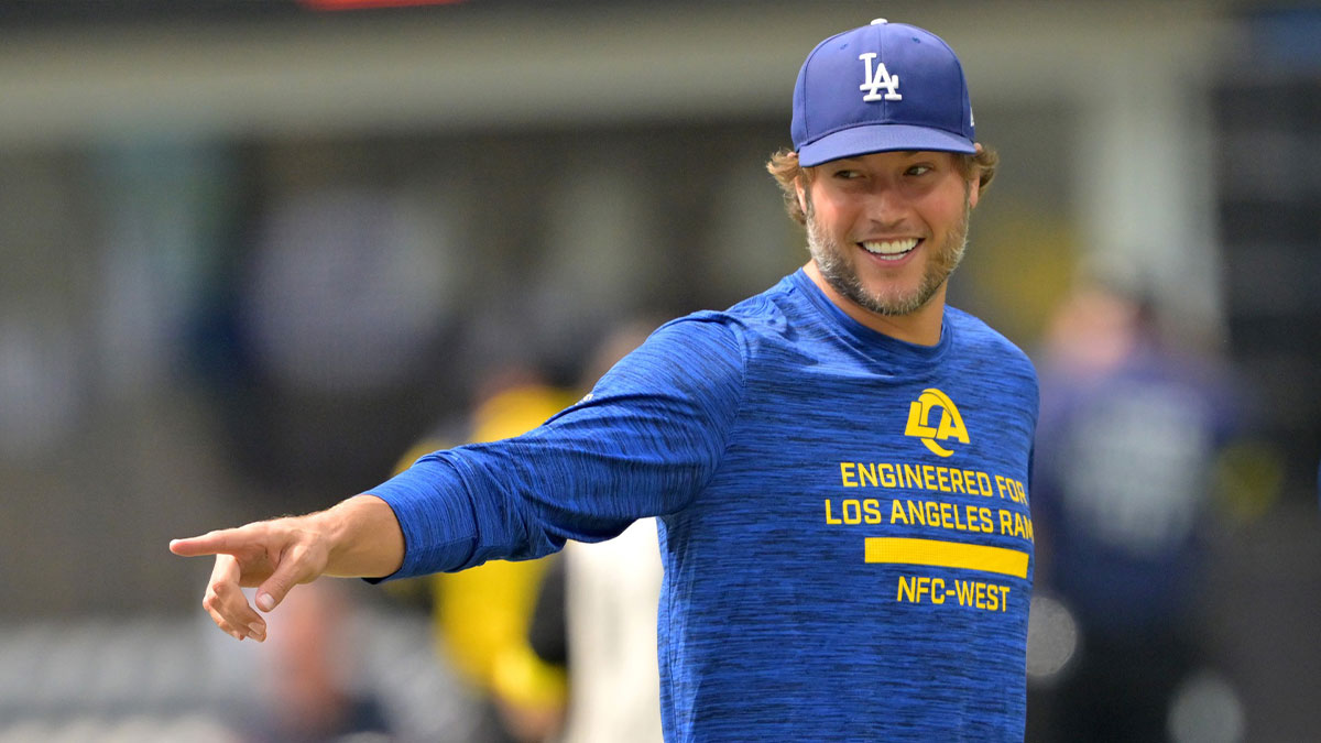 Los Angeles Rams quarterback Matthew Stafford (9) walks on the field prior to the game against the Dallas Cowboys at SoFi Stadium.
