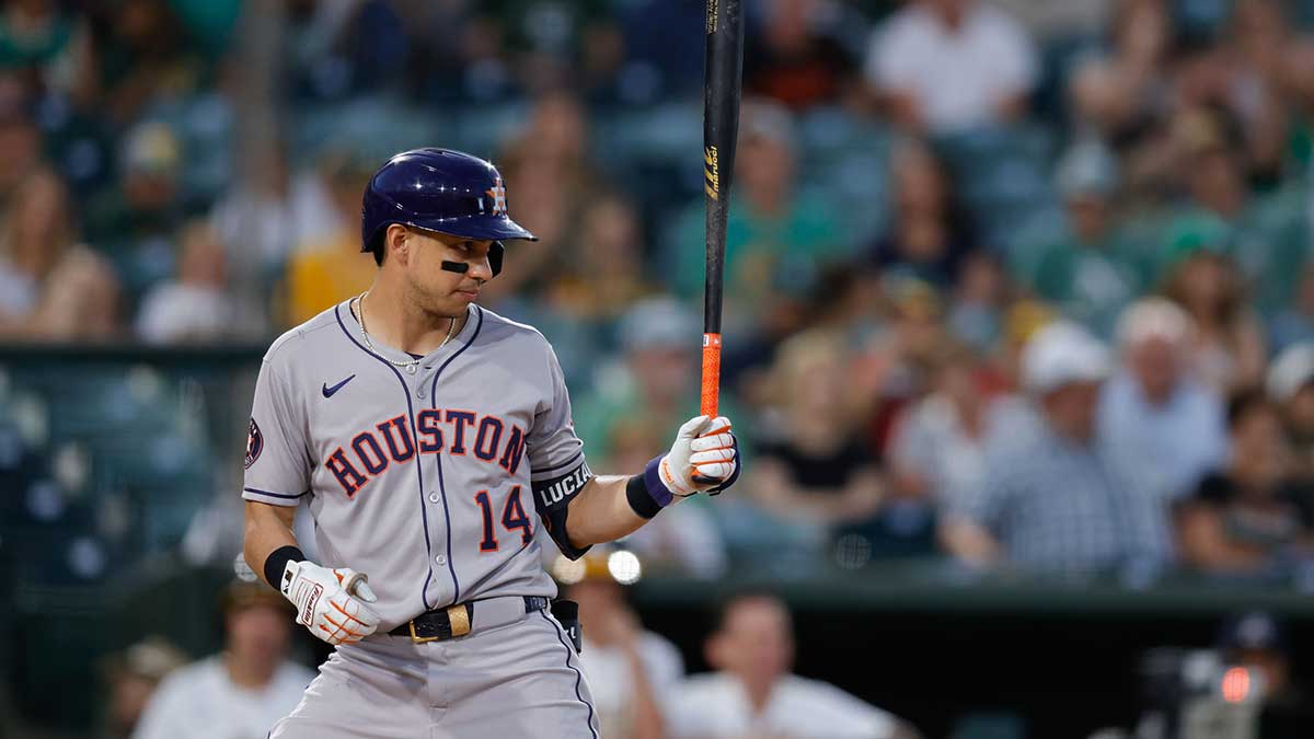 Jun 17, 2025; West Sacramento, California, USA; Houston Astros second baseman Mauricio Dubón (14) bats during the game against the Athletics at Sutter Health Park. 