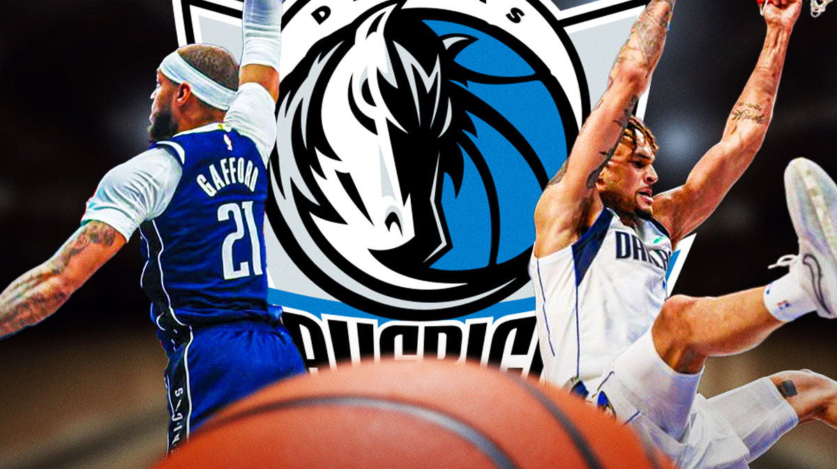 Dallas Mavericks logo in middle, Mavericks Dereck Lively II dunking a basketball on right, Mavericks Daniel Gafford dunking a basketball on left.