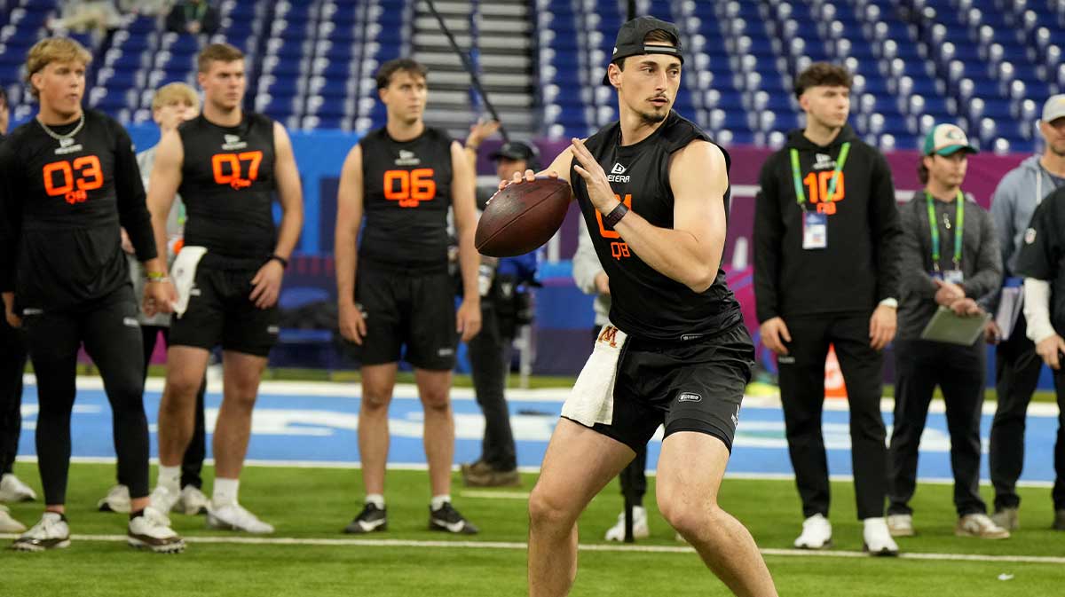 Minnesota quarterback Max Brosmer (QB01) during the 2025 NFL Combine at Lucas Oil Stadium.