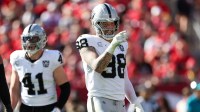 Las Vegas Raiders defensive end Maxx Crosby (98) celebrates after a sack against the Tampa Bay Buccaneers in the second quarter at Raymond James Stadium.