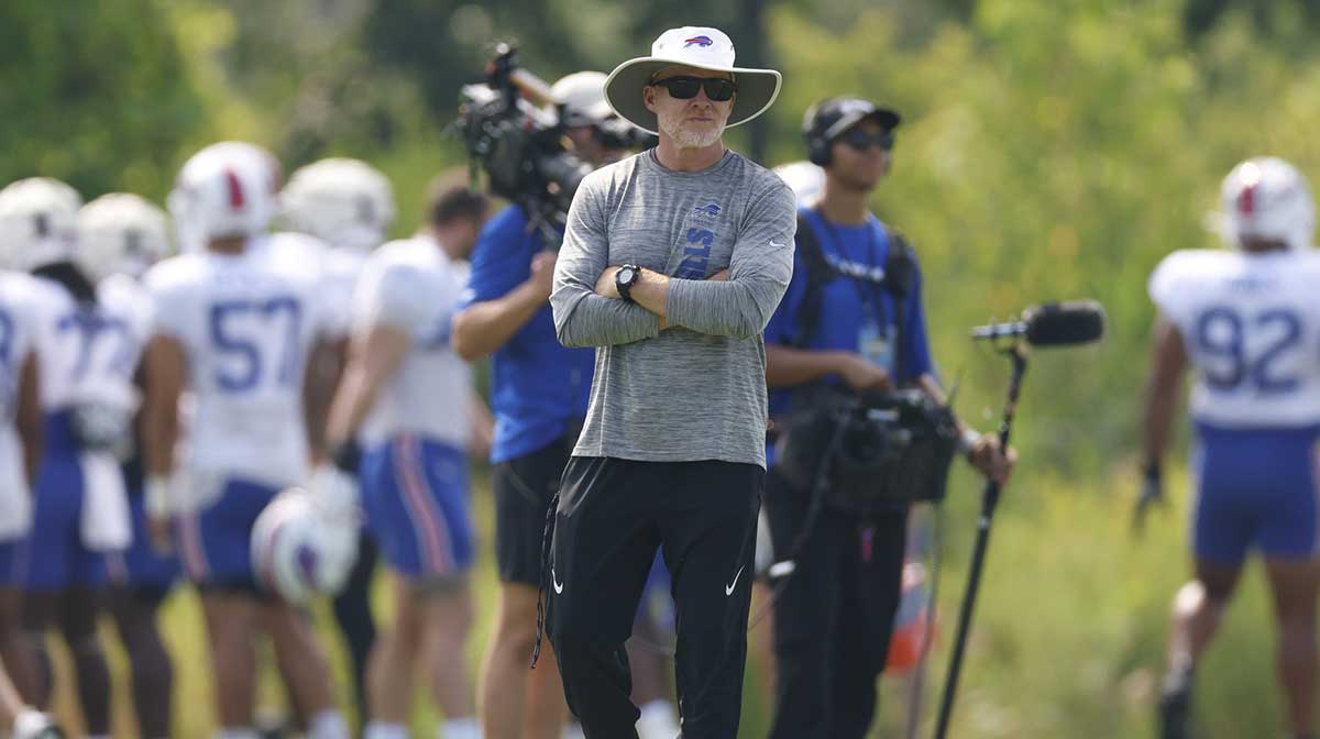 Buffalo Bills head coach Sean McDermott walks on the field during joint training camp practice with the Chicago Bears ahead of Sunday's preseason game.