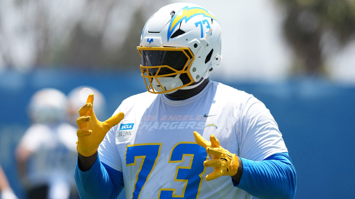 Los Angeles Chargers guard Mekhi Becton (73) during organized team activities at The Bolt.