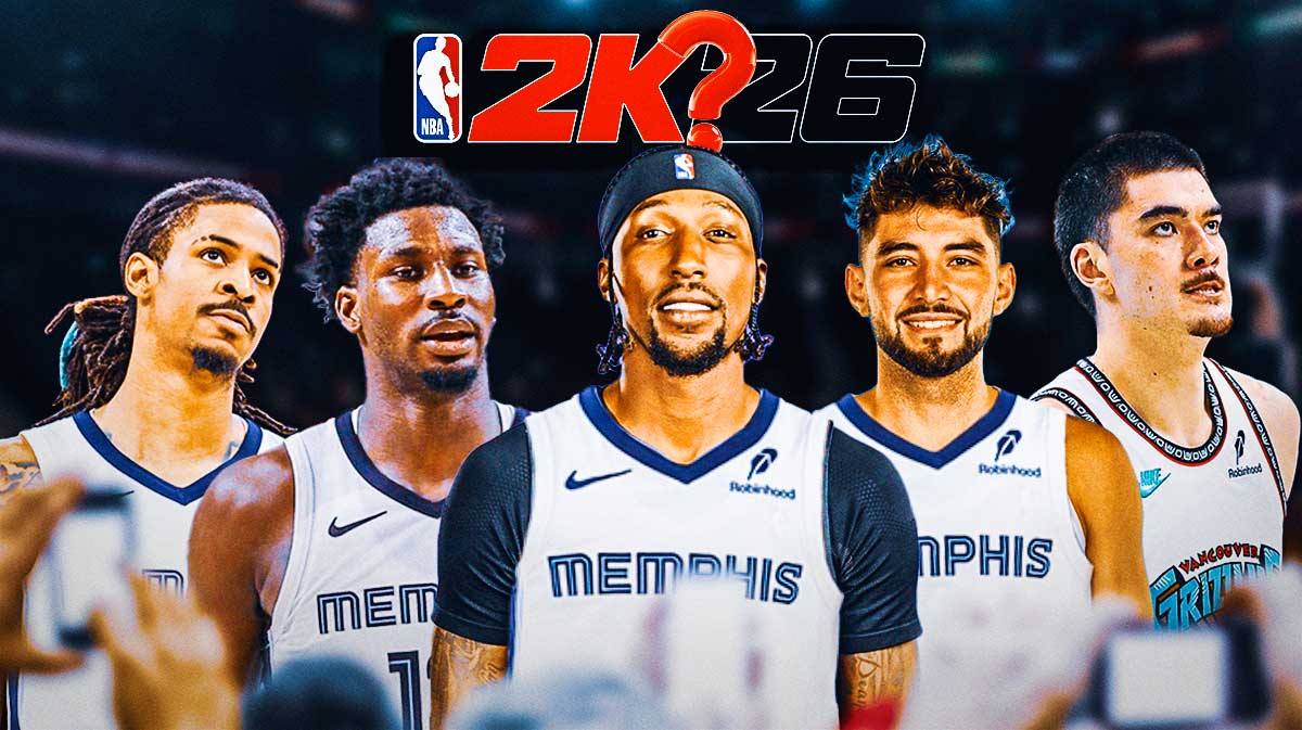 Memphis Grizzlies NBA 2K26 ratings that are 100% wrong. Ja Morant, Jaren Jackson Jr., Caldwell-Pope, Ty Jerome and Zach Edey in the Grizzlies jersey with the 2K26 logo at the top with a single question mark.