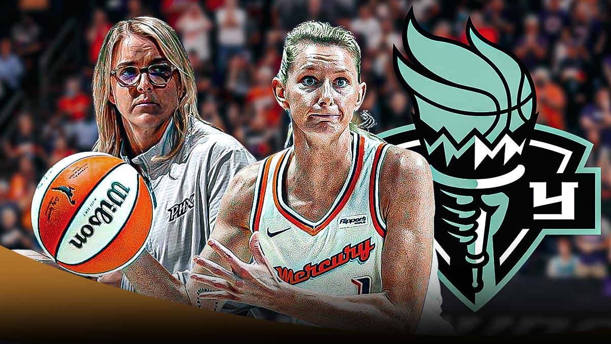 Phoenix Mercury assistant coach Megan Vogel and guard Lexi Held looking focused, while having the New York Liberty logo next to them, with question marks surrounding the Liberty logo, and a background of the Mercury home arena.