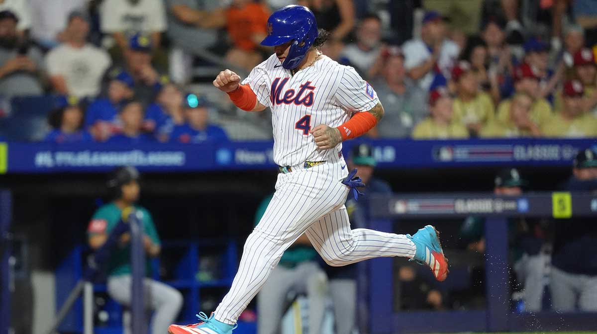 New York Mets catcher Francisco Alvarez (4) advances home to score against the Seattle Mariners in the second inning at Journey Bank Ballpark at Historic Bowman Field.