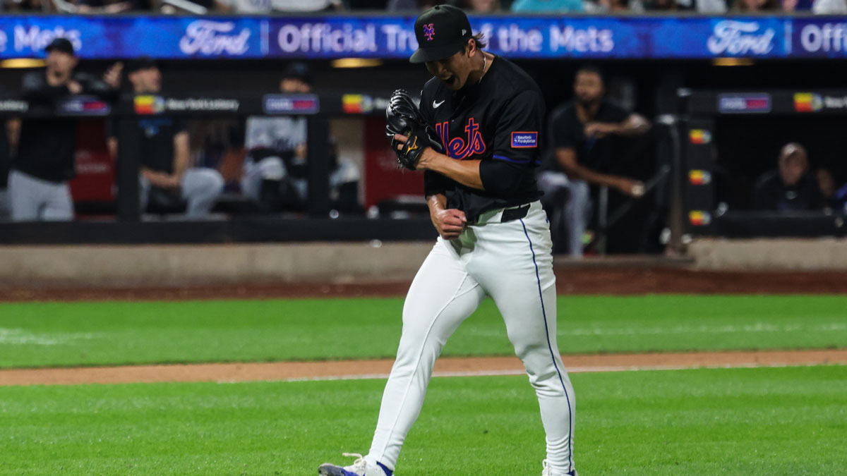 New York Mets starting pitcher Jonah Tong (21) reacts after striking out Miami Marlins catcher Liam Hicks (not pictured) to end the top of the fifth inning at Citi Field.