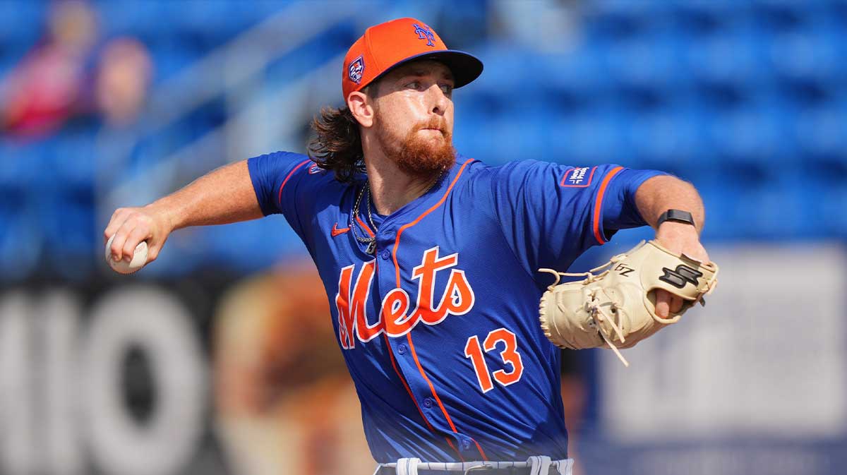 New York Mets pitcher Nolan McLean participates in the Spring Breakout game against the Washington Nationals at Clover Park.