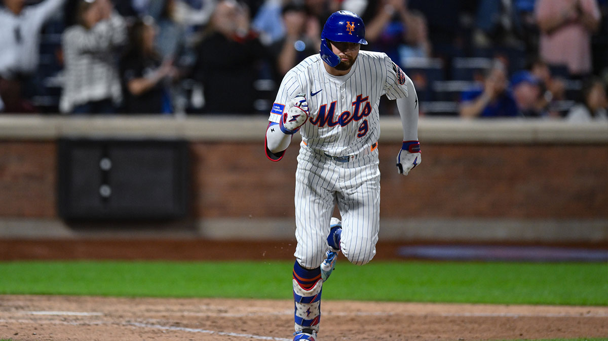 New York Mets outfielder Brandon Nimmo (9) reacts after hitting a walk off single against the Philadelphia Phillies during the ninth inning at Citi Field.