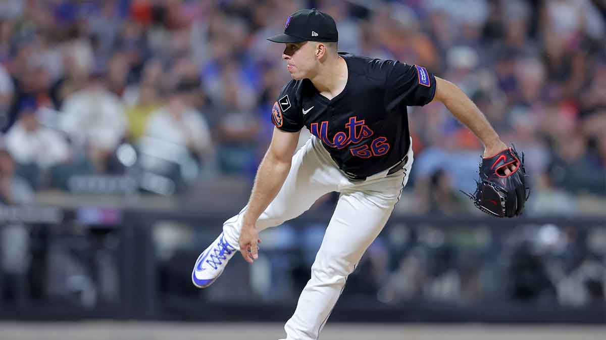 New York Mets relief pitcher Ryan Helsley (56) follows through on a pitch against the San Francisco Giants during the ninth inning at Citi Field.