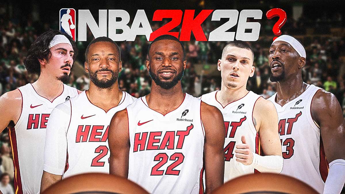 Miami Heat NBA 2K26 ratings that are 100% wrong. Jaime Jaquez Jr., Andrew Wiggins, Norman Powell, Tyler Herro and Bam Adebayo in the Heat jersey with 2k26 logo on the top with a single question mark.