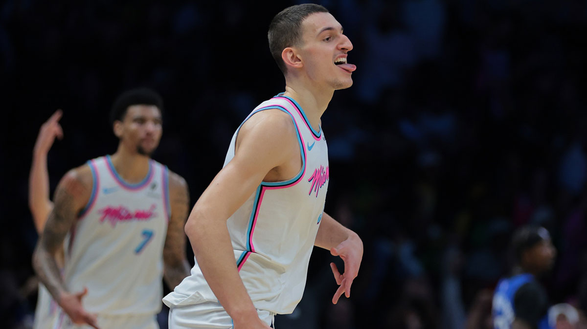 Miami Heat forward Nikola Jovic (5) celebrates after scoring against the Orlando Magic during the fourth quarter at Kaseya Center.
