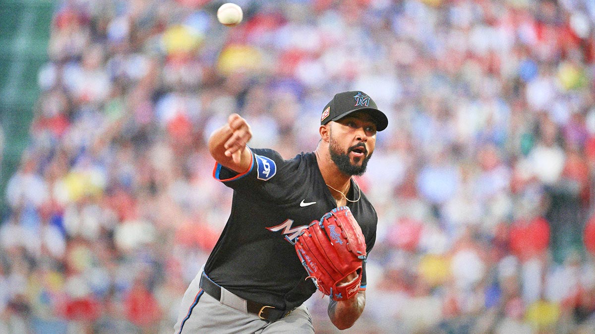 Miami Marlins starting pitcher Sandy Alcantara (22) pitches against the Boston Red Sox during the first inning at Fenway Park.