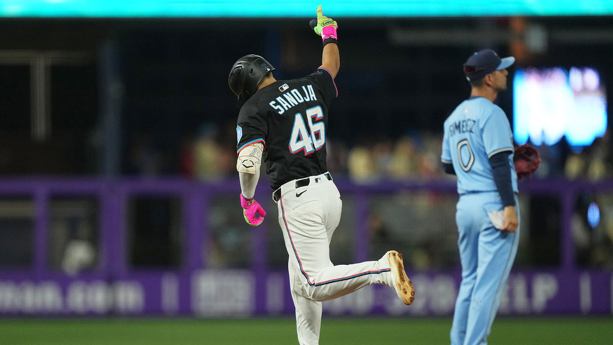 Miami Marlins third baseman Javier Sanoja (46) hits a solo home run in the second inning against the Toronto Blue Jays at loanDepot Park.