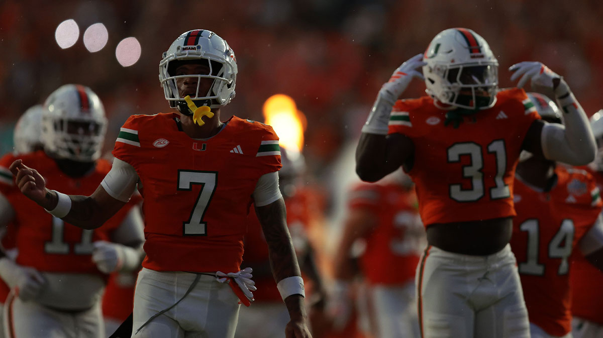 The Miami Hurricanes take the field before the game against the Notre Dame Fighting Irish at Hard Rock Stadium.