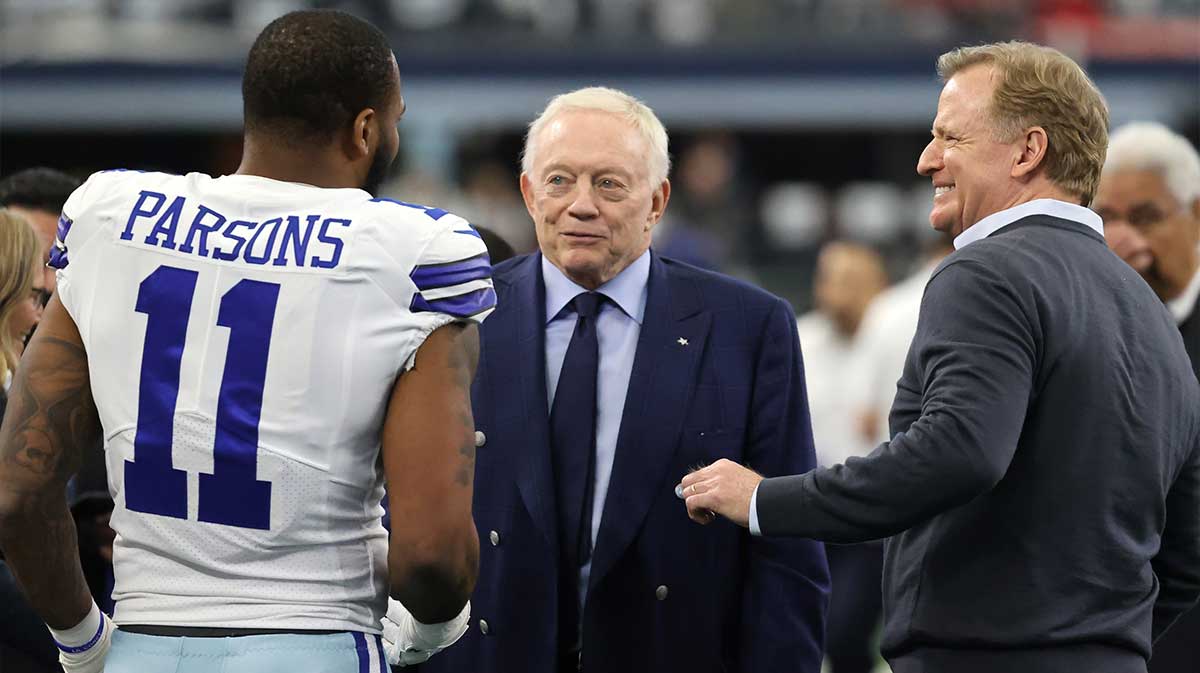 Dallas Cowboys outside linebacker Micah Parsons (11) meets with owner Jerry Jones (center) and NFL commissioner Roger Goodell (right) prior to the NFC Wild Card playoff football game against the San Francisco 49ers at AT&T Stadium.