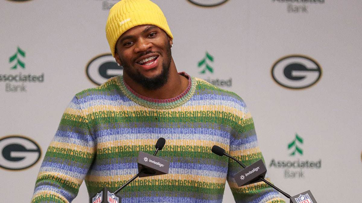 Green Bay Packers edge rusher Micah Parsons speaks during an introductory press conference at Lambeau Field in Green Bay, Wis.