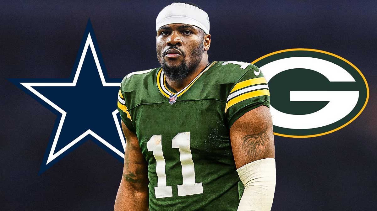 Micah Parsons in a Packers uniform, with a packers logo on one side and a Cowboys logo on the other