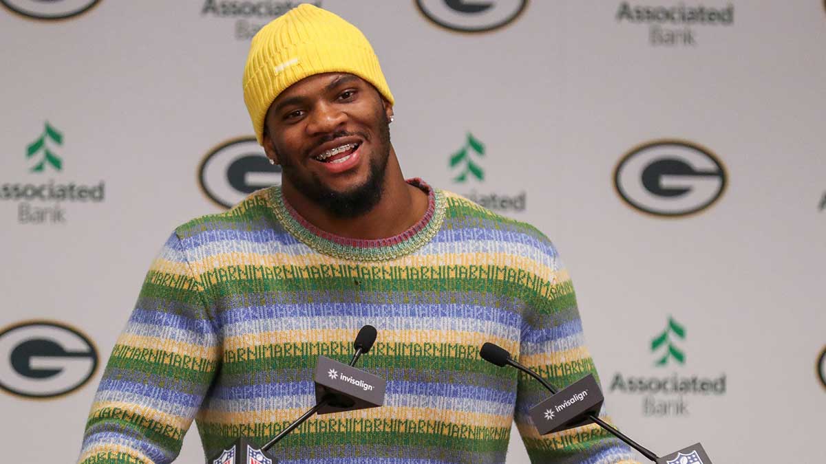 Green Bay Packers edge rusher Micah Parsons speaks during an introductory press conference on Friday, August 29, 2025, at Lambeau Field in Green Bay, Wis. The Packers made a trade with the Dallas Cowboys on Aug. 28 to acquire Parsons in exchange for defensive tackle Kenny Clark and two first round picks.