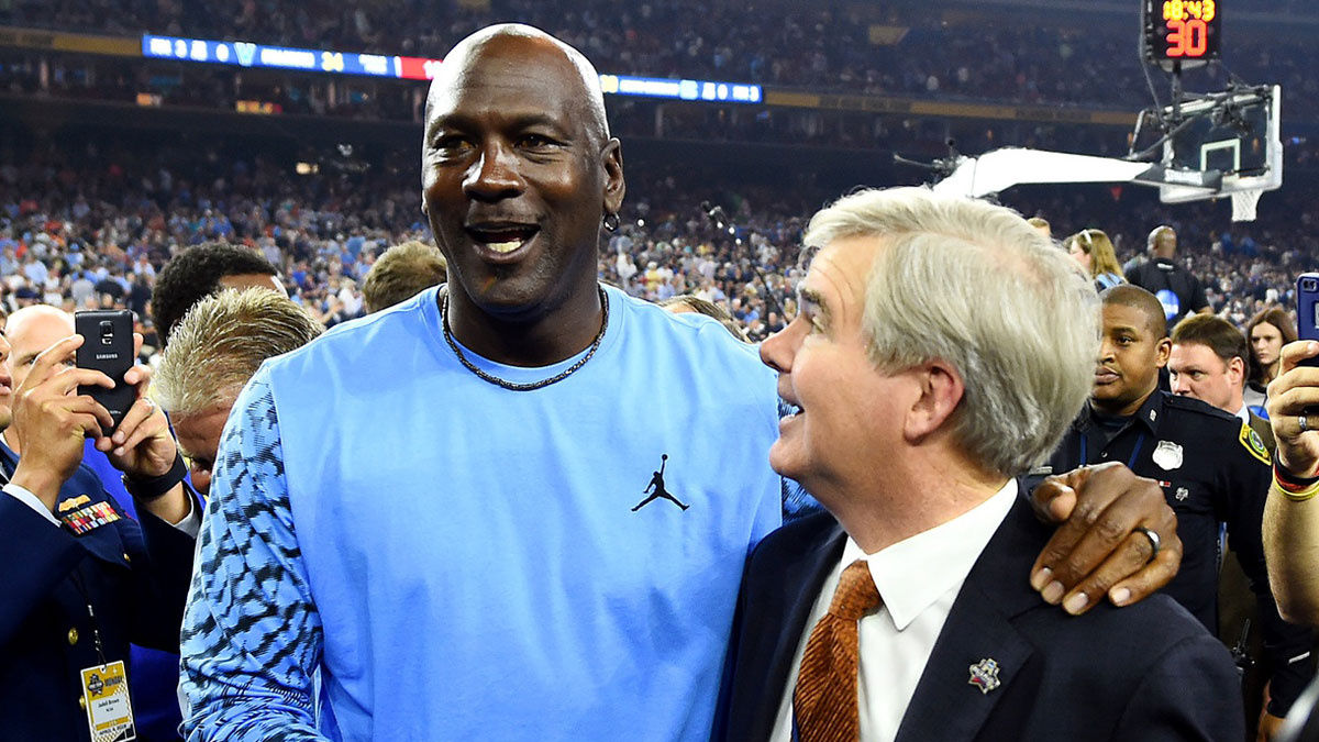 NBA former player Michael Jordan and NCAA president Mark Emmert during halftime of the game between the Villanova Wildcats and the North Carolina Tar Heels in the championship game of the 2016 NCAA Men's Final Four at NRG Stadium.