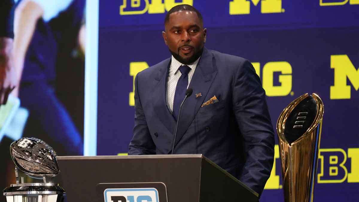 Michigan head coach Sherrone Moore speaks to the media during the Big Ten NCAA college football media days at Mandalay Bay Resort.