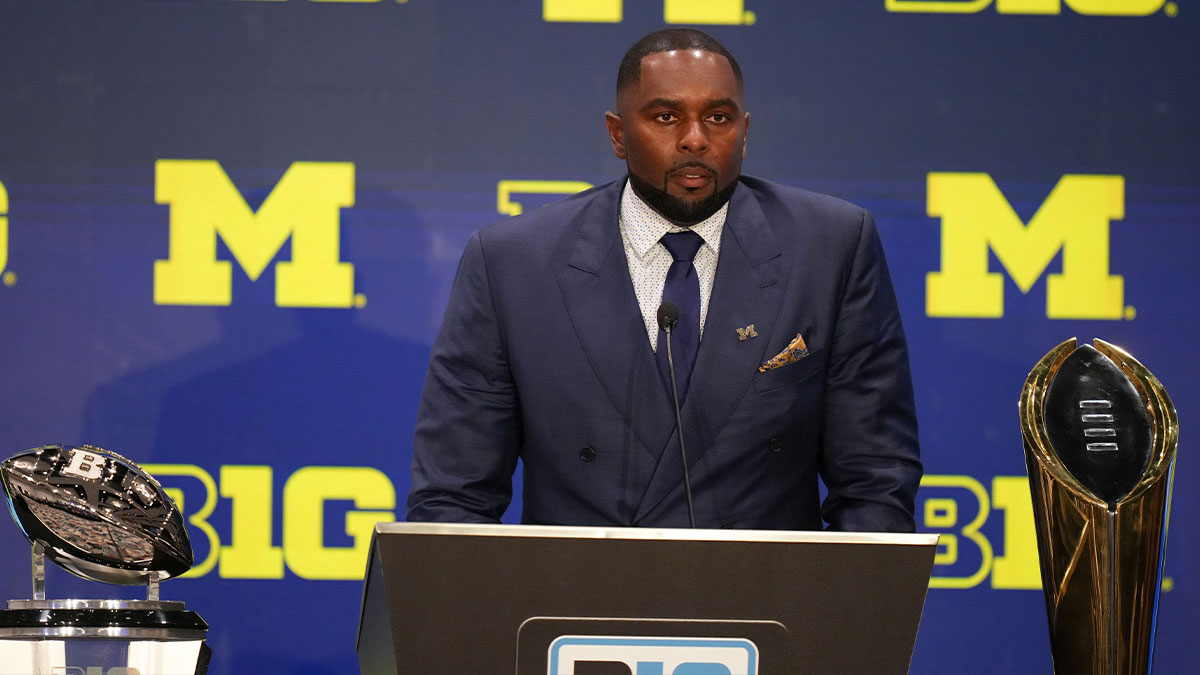 Michigan head coach Sherrone Moore speaks to the media during the Big Ten NCAA college football media days at Mandalay Bay Resort.