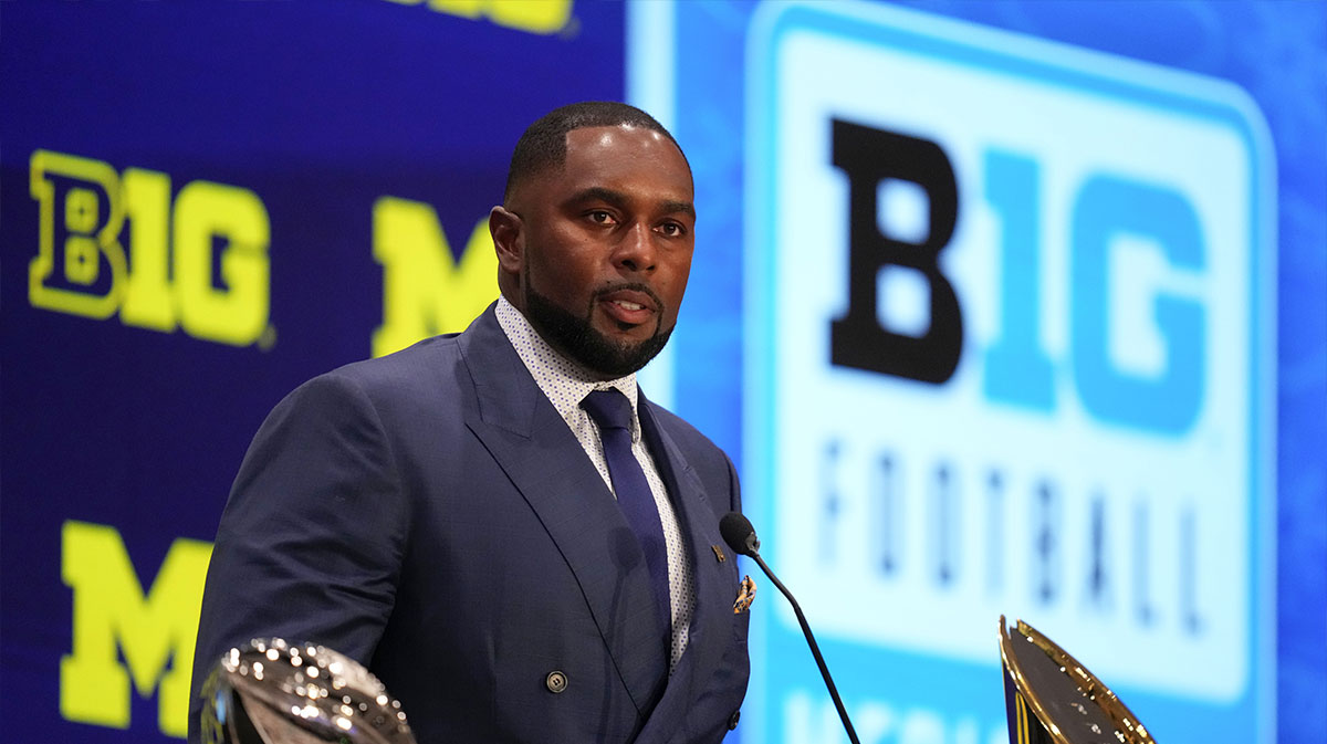 Michigan head coach Sherrone Moore speaks to the media during the Big Ten NCAA college football media days at Mandalay Bay Resort.