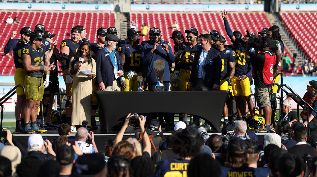 Michigan Wolverines head coach Sherrone Moore celebrates after beating the Alabama Crimson Tide in the ReliaQuest Bowl at Raymond James Stadium.