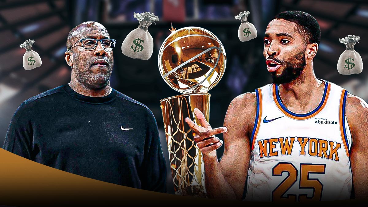 Mikal Bridges with the NBA Championship trophy, Coach Mike Brown and a bag of money