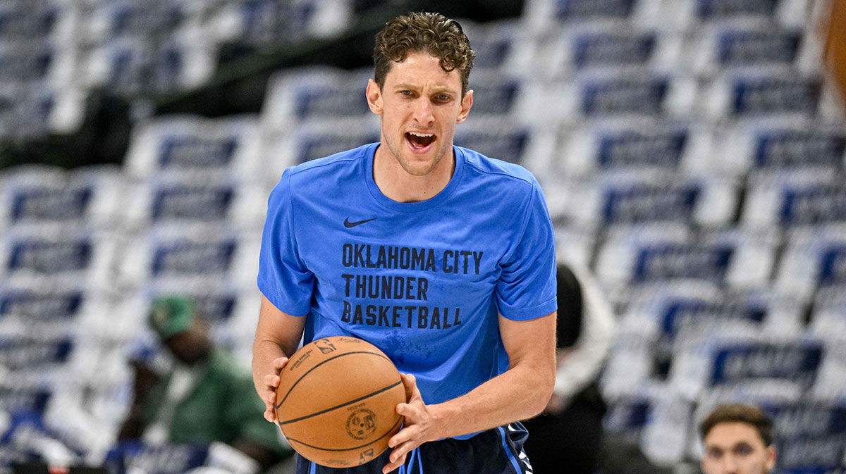 Oklahoma City Thunder center Mike Muscala (50) warms up before the game between the Dallas Mavericks and the Oklahoma City Thunder in game four of the second round for the 2024 NBA playoffs at American Airlines Center.