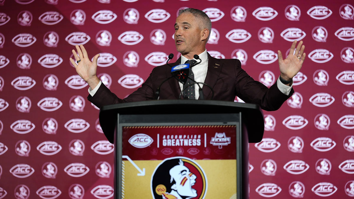 Florida State head coach Mike Norvell answers questions from the media during ACC Media days at Hilton Charlotte Uptown.