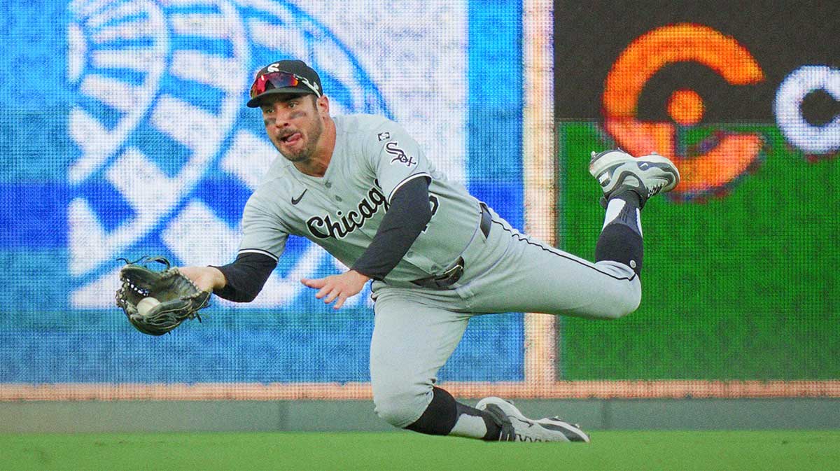 Chicago White Sox right fielder Mike Tauchman (18) makes a diving catch during the first inning against the Kansas City Royals at Kauffman Stadium.