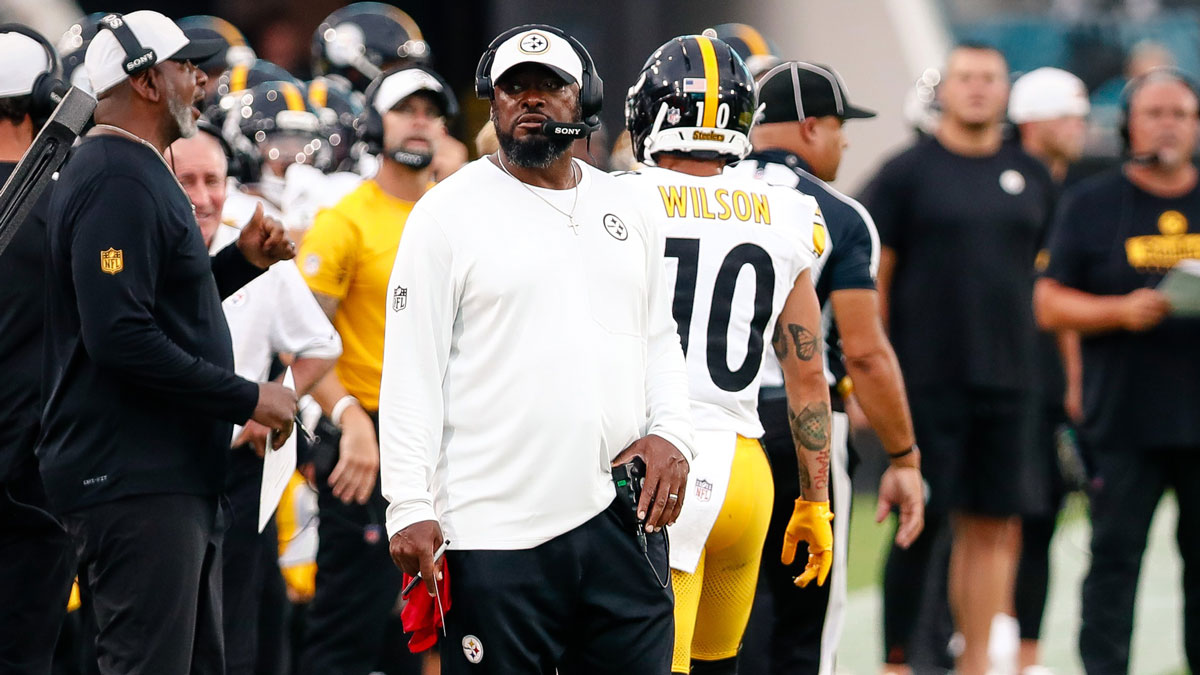 Aug 9, 2025; Jacksonville, Florida, USA; Pittsburgh Steelers head coach Mike Tomlin stands on the sidelines during a preseason game against the Jacksonville Jaguars at EverBank Stadium. Mandatory Credit: Travis Register-Imagn Images