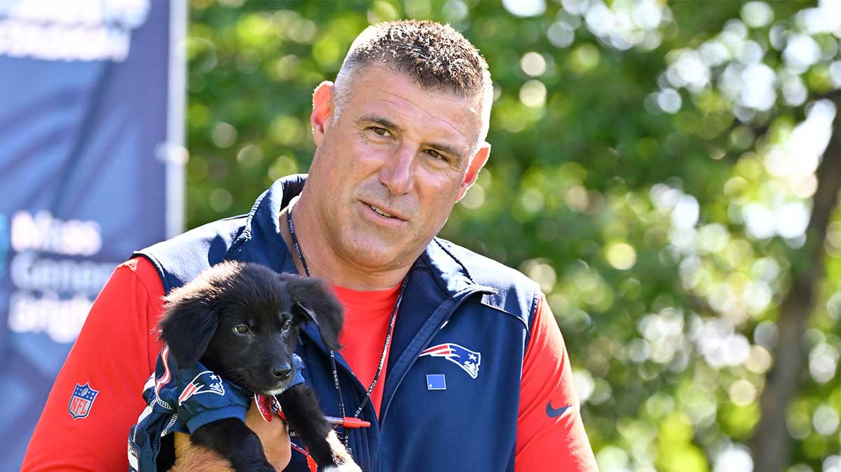 New England Patriots head coach Mike Vrabel delivers a puppy to a local family before addressing the media during training camp at Gillette Stadium.