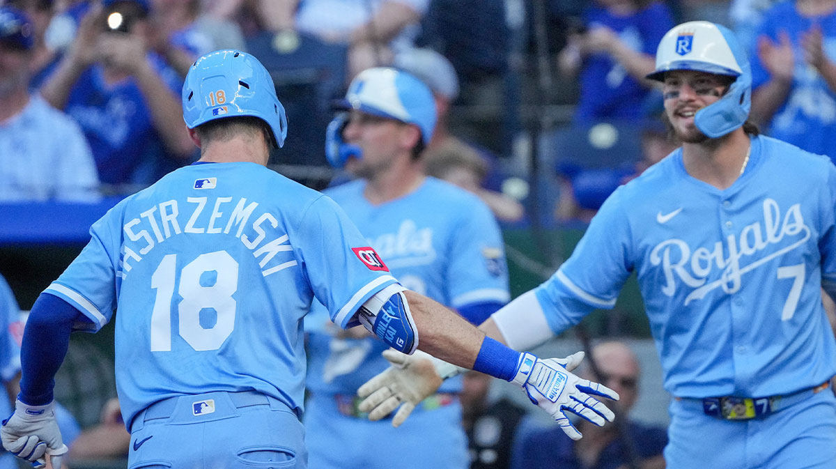 Aug 16, 2025; Kansas City, Missouri, USA; Kansas City Royals right fielder Mike Yastrzemski (18) celebrates with shortstop Bobby Witt Jr. (7) against the Chicago White Sox after hitting a solo home run in the first inning at Kauffman Stadium. 