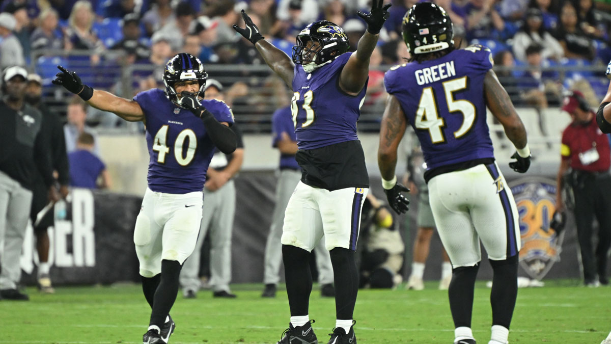Baltimore Ravens defensive tackle Aeneas Peebles (93) celebrates after batting down a pass at the line of scrimmage against the Indianapolis Colts during the third quarter at M&amp;T Bank Stadium.