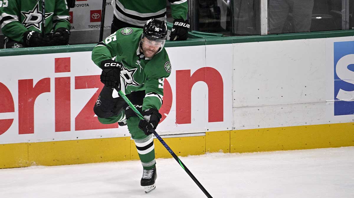 Dallas Stars right wing Mikko Rantanen (96) shoots the puck against the Edmonton Oilers during the third period in game five of the Western Conference Final of the 2025 Stanley Cup Playoffs