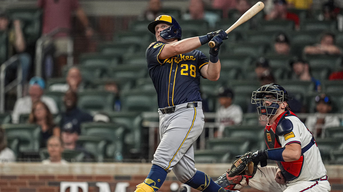 Milwaukee Brewers first base Andrew Vaughn (28) bats against the Atlanta Braves during the ninth inning at Truist Park.