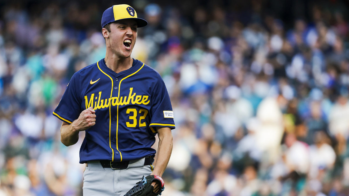 Milwaukee Brewers starting pitcher Jacob Misiorowski (32) reacts following a strikeout to end the second inning against the Seattle Mariners at T-Mobile Park.