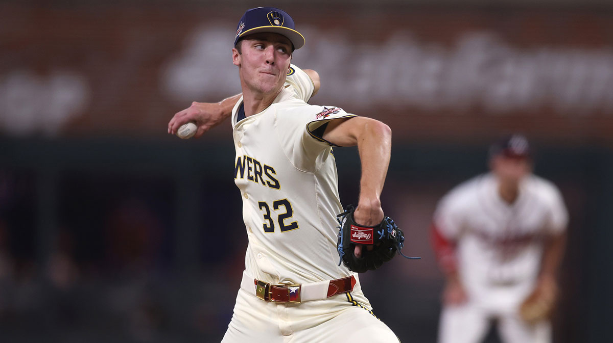 National League pitcher Jacob Misiorowski (32) of the Milwaukee Brewers pitches in the eighth inning during the 2025 MLB All Star Game at Truist Park.