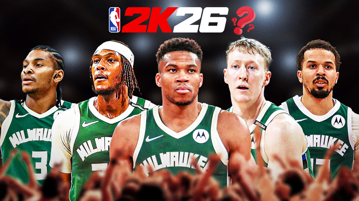 Milwaukee Bucks NBA 2K26 ratings that are 100% wrong. Giannis Antetokounmpo, Myles Turner, Kevin Porter Jr., Cole Anthony and AJ Green in the Bucks jersey with the 2k26 logo at the top with a single question mark.