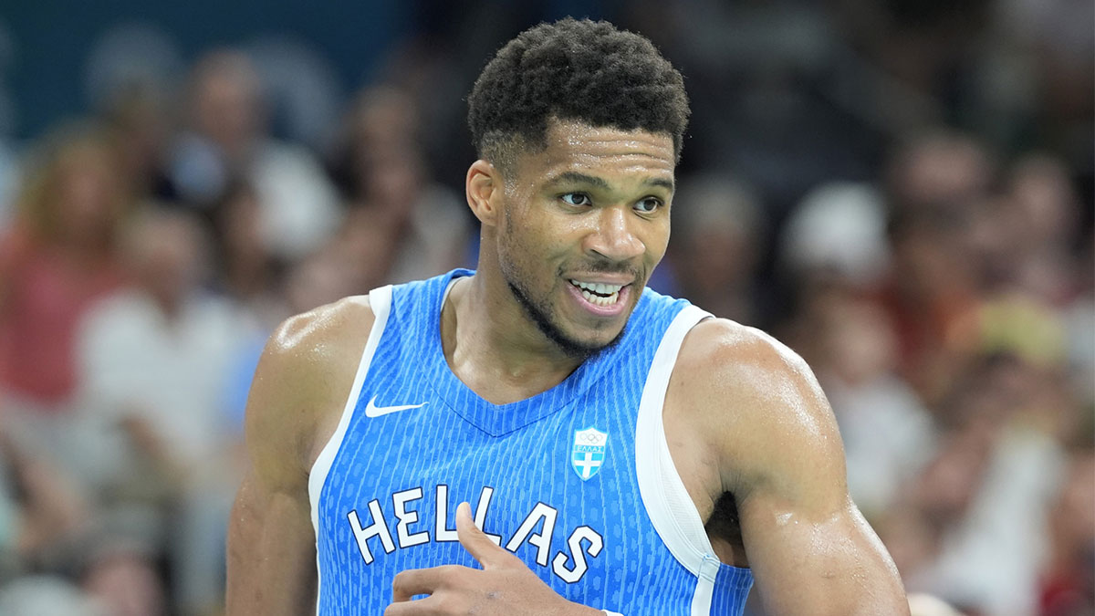Greece small forward Giannis Antetokounmpo (34) reacts against Spain in a men's basketball group stage match during the Paris 2024 Olympic Summer Games at Stade Pierre-Mauroy. Bucks