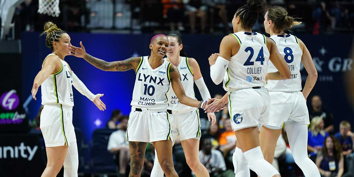 Minnesota Lynx guard DiJonai Carrington (3) drives the ball against Connecticut Sun forward Aaliyah Edwards (8) in the second half at Mohegan Sun Arena.