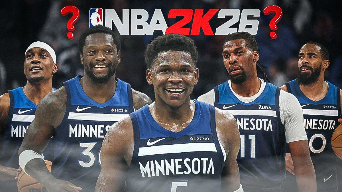 Anthony Edwards, Julius Randle, Naz Reid, Mike Conley, and Jaden McDaniels in the timberwolves jersey with a 2k26 logo at the top with a question mark.