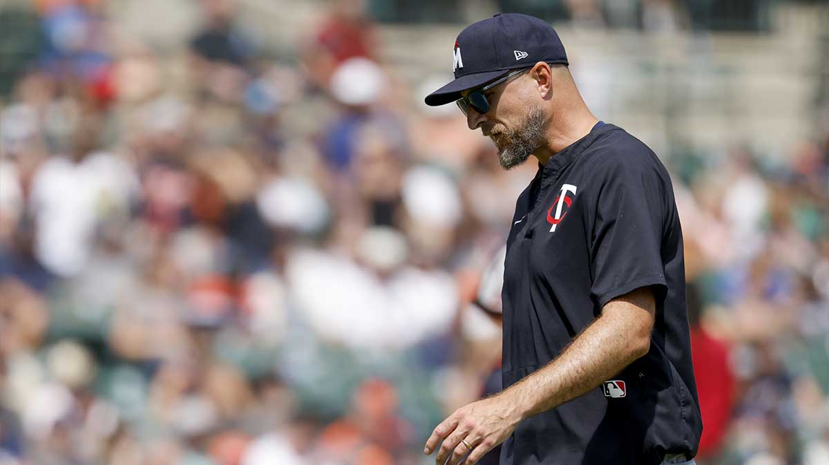 Minnesota Twins manager Rocco Baldelli (5) walks off the field in the eighth inning against the Detroit Tigers at Comerica Park.
