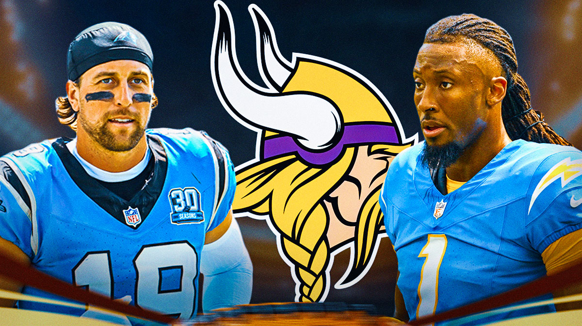 Vikings logo in the middle with Panthers' Adam Thielen on one side and Chargers' Quentin Johnston on the other