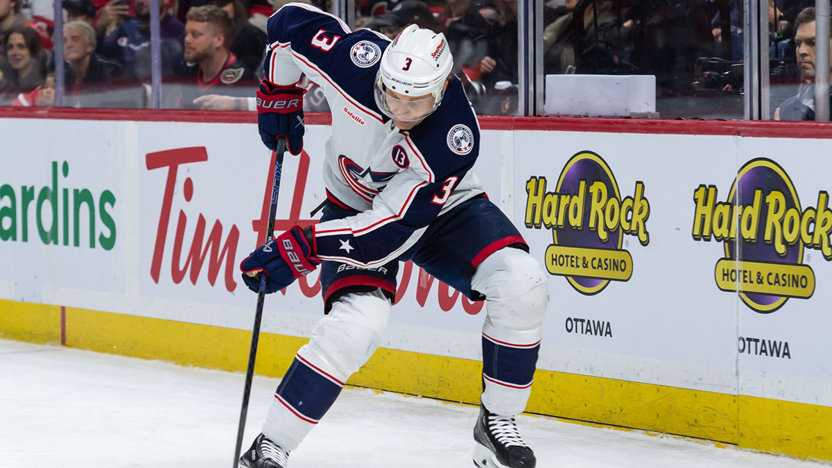 Columbus Blue Jackets defenseman jack Johnson (3) skates with the puck in the first period against the Ottawa Senators at the Canadian Tire Centre.